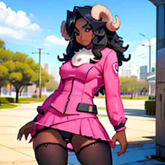 (detailded), (((chica sheep))), (((sheep))), big ass, (((black wavy hair))), ((mini-skirt)), (((pink pussy dripping))), (((office worker suit))), (white skinned), fishnet stockings, ((at a park))