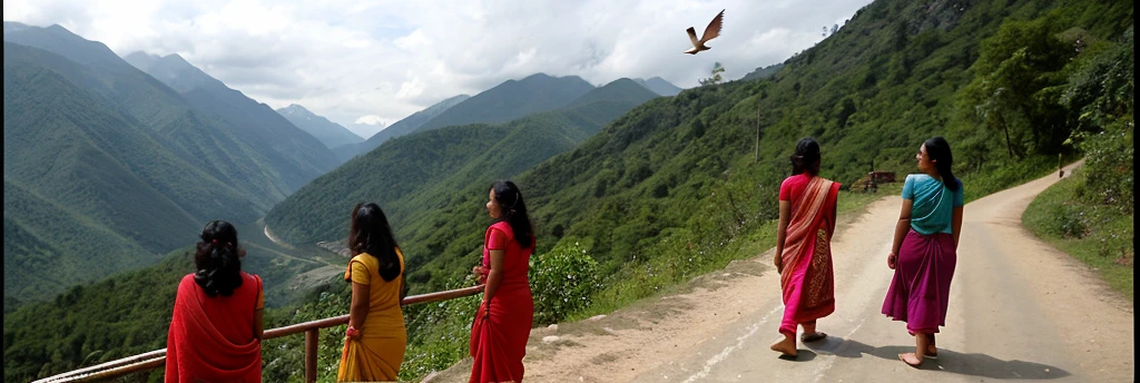 Three Indian women, one 18 years old, one 25 years old and another 35 years old. Although their faces are not clearly visible, it is clear that they have been released from long imprisonment. They look back at the mountain. There is a mountain in front and birds are flying around that mountain.