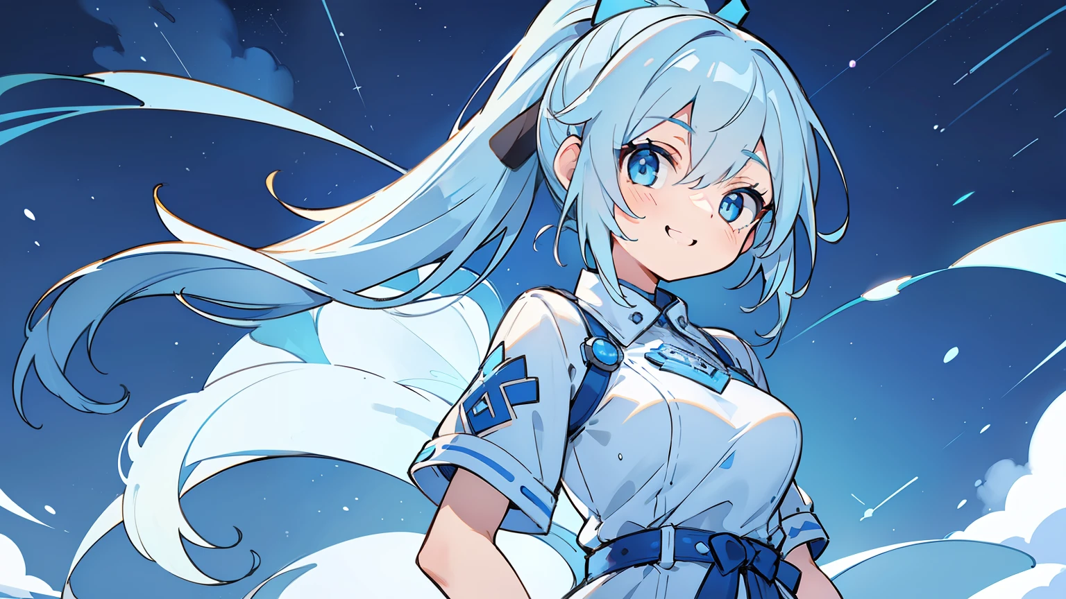 masterpiece, beautiful detailed, (casual wear), blue theme, baby blue Eyes, baby blue hair, ponytail, 1girl, big smile, medium breasts, hair intakes, cowboy shot, night sky, Meteors, (((bold outline))), limited palette