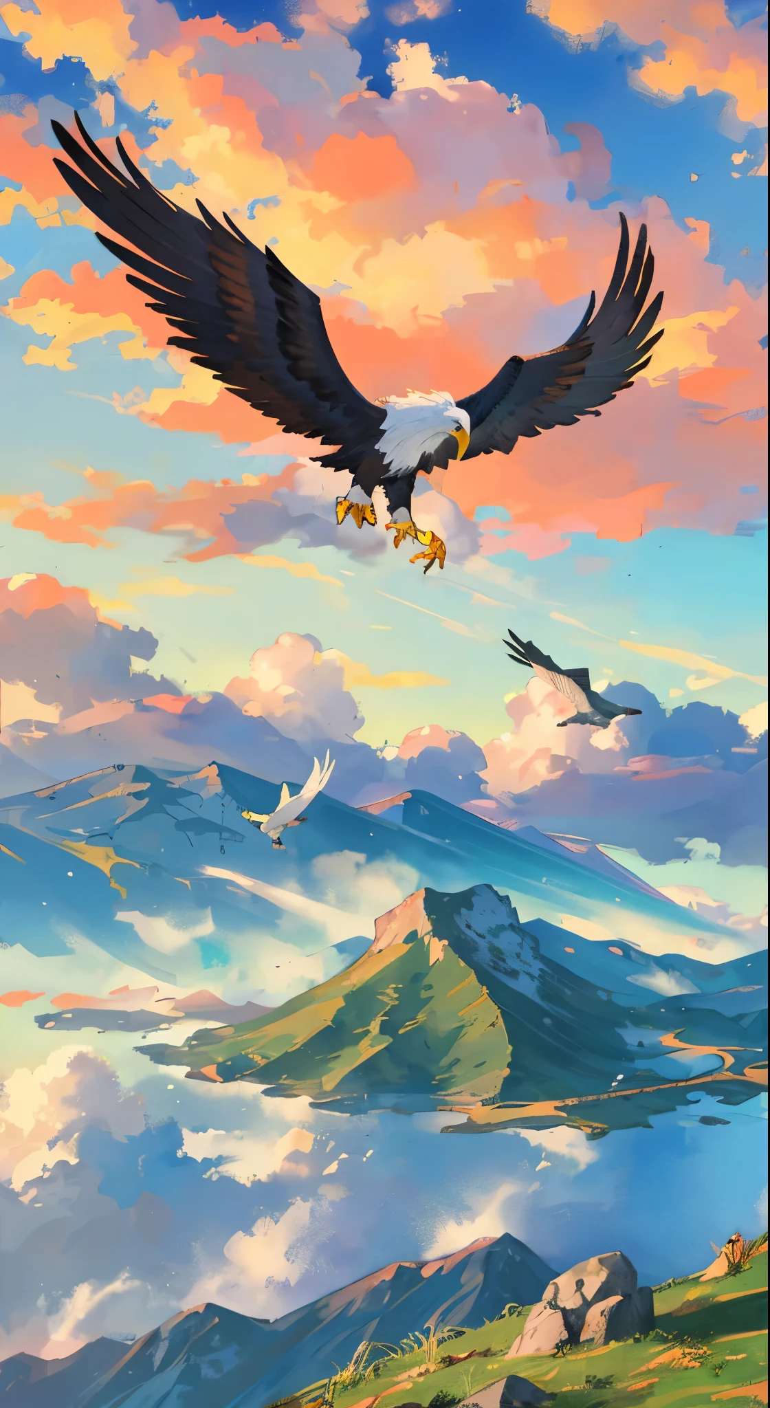 ((Rolling mountains)),Sunlight,Eagles fly,Clouds