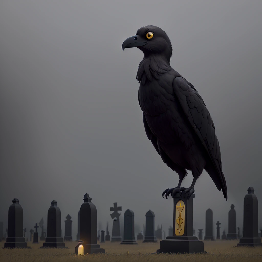 A black crow, with gold details, a spooky cemetery in the background and a light fog.