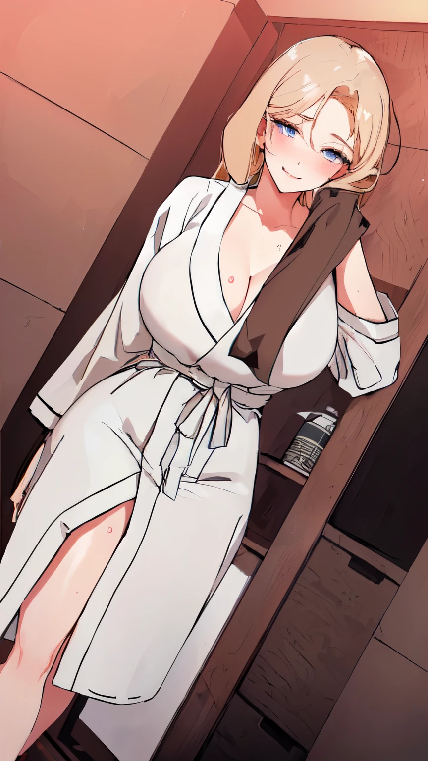 girl with long hair, hair blonde, beautiful blonde, sultry gaze, lovely eyes, provocative smile (blonde hair) Lots of details in the clothes, detailed light and shadow, 8K, Perfect anime, sexy girl, big boobies, very sensual, blush cheeks, perfects eyes, detailedeyes, eyes with lots of details