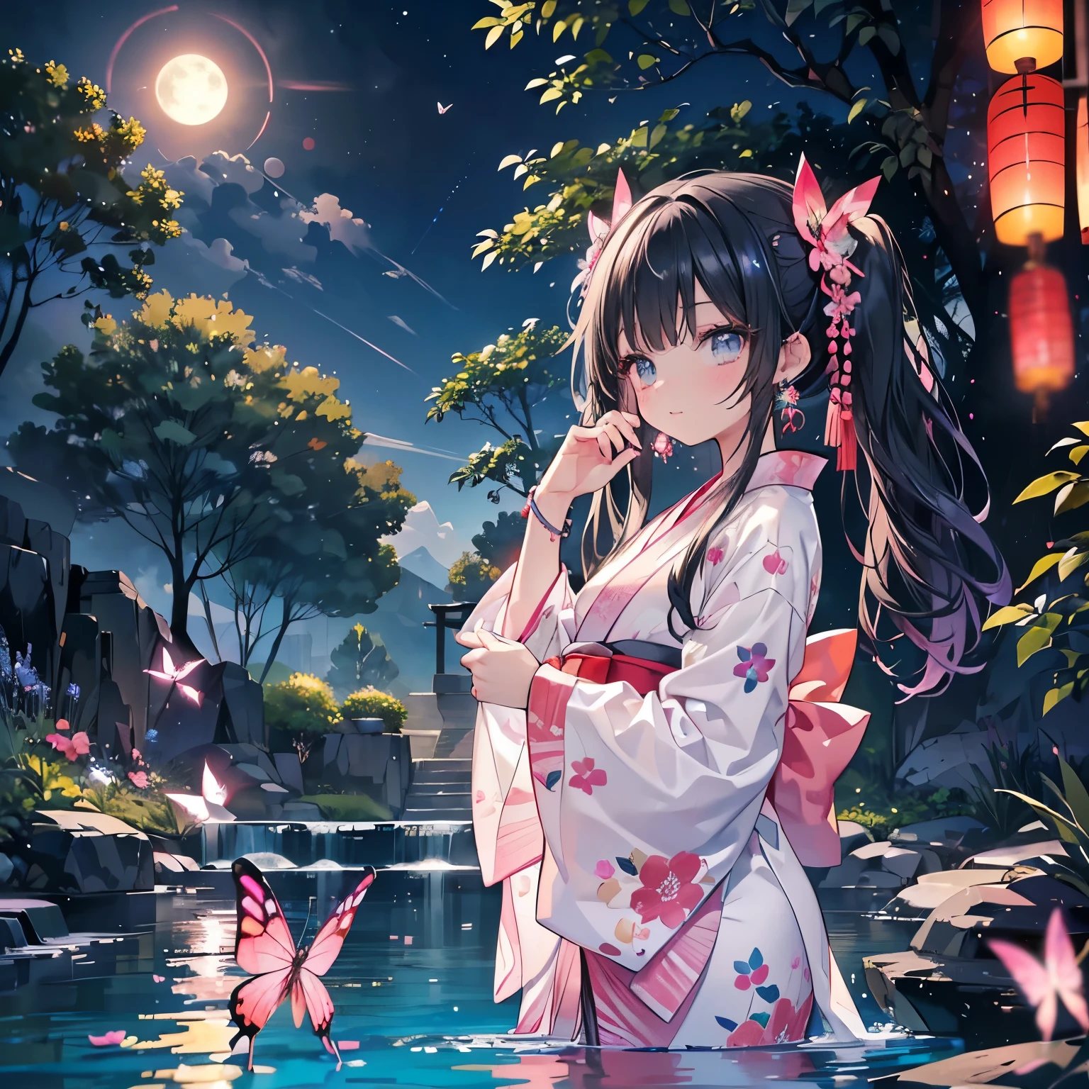 looking back at the viewer,
Low Angle,From below,(Beautiful pink and green butterflies and dragonflies are everywhere),Colorful flowers,Fantasy beams and lights,
((masterpiece:1.4, best quality)), ((masterpiece, best quality)),((Beautiful black hair with double ponytails,Beautiful cobalt blue eyes,Little cute girl)),((Sexy Colorful Yukata Mini Dress)),whole body, Bathe in water,(Beautiful outdoor open spa),(Water splash,Cute smile), (Lace Chalk, Wristband, Diamond necklace,earrings),Lights and Pause,Beautiful, natural and mysterious park,Night Sky,Full Moon,(Beautiful pink and red butterflies and dragonflies are everywhere),Fox Girl,High heel,Huge breasts