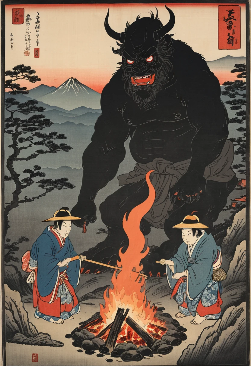 Ukiyo-e style image. Travelers from the Edo period making a bonfire in a slightly open area in the pitch black mountains to camp out. A giant demon appears from the darkness. The demon&#39;s head has long, unkempt hair.、The demon has two horns and is wearing tattered armor.