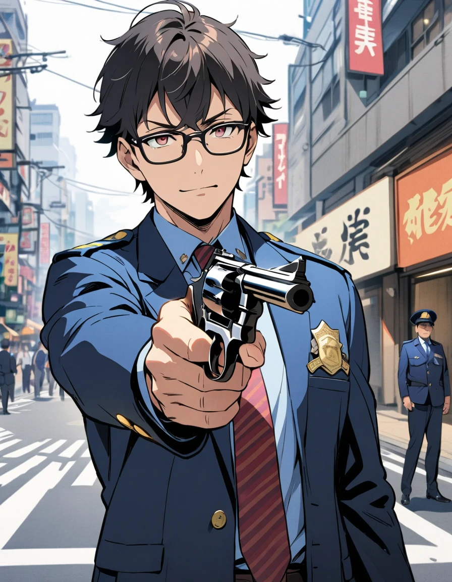 (masterpiece), (best quality), (high res), 1man, middle aged man, age 52, anime style, japanese policeman, suit and tie, police uniform, police captain, police commissioner, (black hair, short hair, fade haircut), hazel eyes, glasses, black-framed eyewear, (lora:perfect hands:1) holding a gun with one hand, 357 magnum revolver), tokyo city street backdrop, solo, solo focus