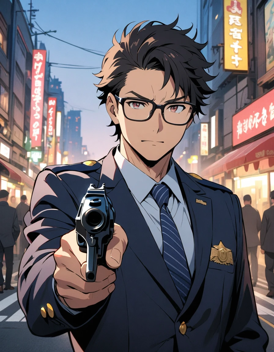 (masterpiece), (best quality), (high res), 1man, middle aged man, age 52, anime style, japanese policeman, suit and tie, police uniform, police captain, police commissioner, (black hair, short hair, fade haircut), hazel eyes, glasses, black-framed eyewear, (lora:perfect hands:1) holding a gun with one hand, 357 magnum revolver), tokyo city street backdrop, solo, solo focus