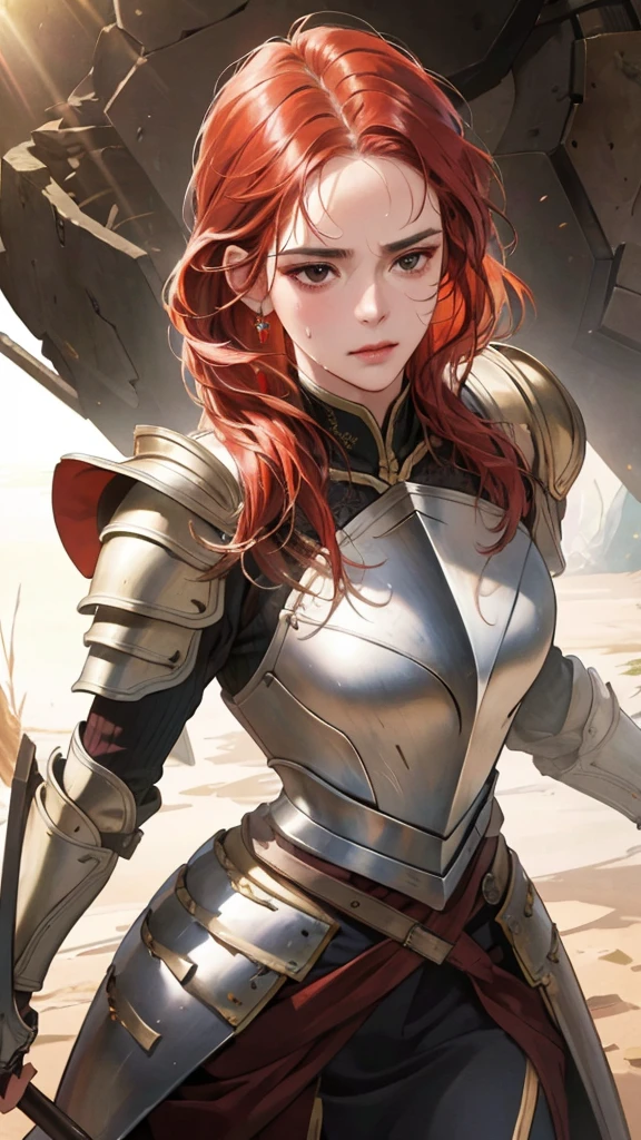 ((((masterpiece, best quality, high resolution)))), Extremely detailed 8K, 1 female, wearing a warrior type of armor, (Ultra HD, Ultra-detailed, Highly detailed, Highly realistic, Ultra-realistic, photograph realistic), (1girl:1.5), (Realistic red hair), (dynamic poses), facing at camera, looking at viewer, (a serious calm face), (regular black eyes, sharp eyes), (perky breasts:1.2), (beautiful detailed face, beautiful detailed eyes), ((armor damaged)), (preparing for a fight), sweat, glow, (sunbeam, sunlight), ((cowboy shot)), battlefield background, seductive, EnvyBetterHands LoCon,