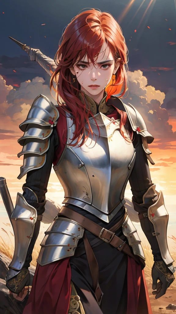((((masterpiece, best quality, high resolution)))), Extremely detailed 8K, 1 female, wearing a warrior type of armor, (Ultra HD, Ultra-detailed, Highly detailed, Highly realistic, Ultra-realistic, photograph realistic), (1girl:1.5), (Realistic red hair), (dynamic poses), facing at camera, looking at viewer, (a serious calm face), (regular black eyes, sharp eyes), (perky breasts:1.2), (beautiful detailed face, beautiful detailed eyes), ((armor damaged)), (preparing for a fight), sweat, glow, (sunbeam, sunlight), ((cowboy shot)), battlefield background, seductive, EnvyBetterHands LoCon,