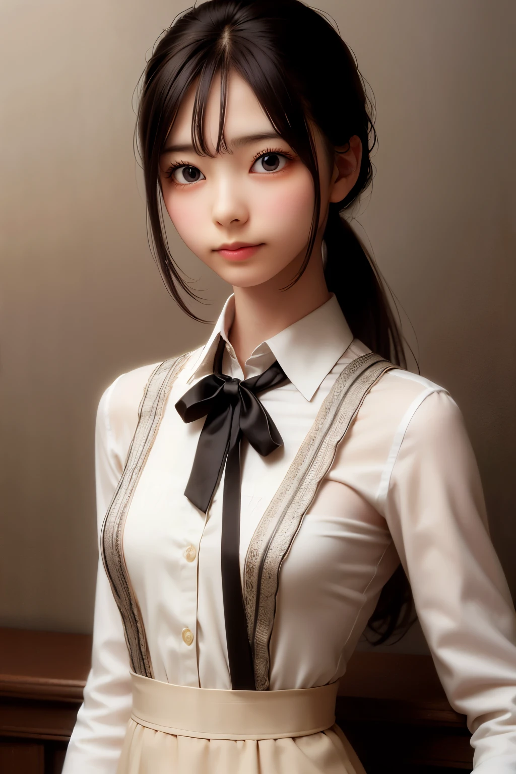 detailed face, cute face, ((masterpiece, Highest quality)), (One girl), (alone), (Focus on women), night (Chainsaw Man),(Highly detailed face, The real picture, Realistic white skin, Realistic body, Intricate details), Upper Body, Severe , Brown eyes, Looking at the audience, bandage over the body, Black Hair, Long sleeve shirt, Pinafore dress, Black tie, bandage, bandage, Small breasts