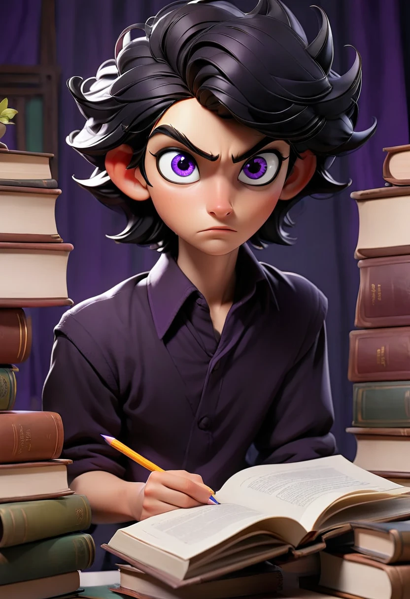 A young man in a , with purple eyes and dark black hair, was studying seriously.