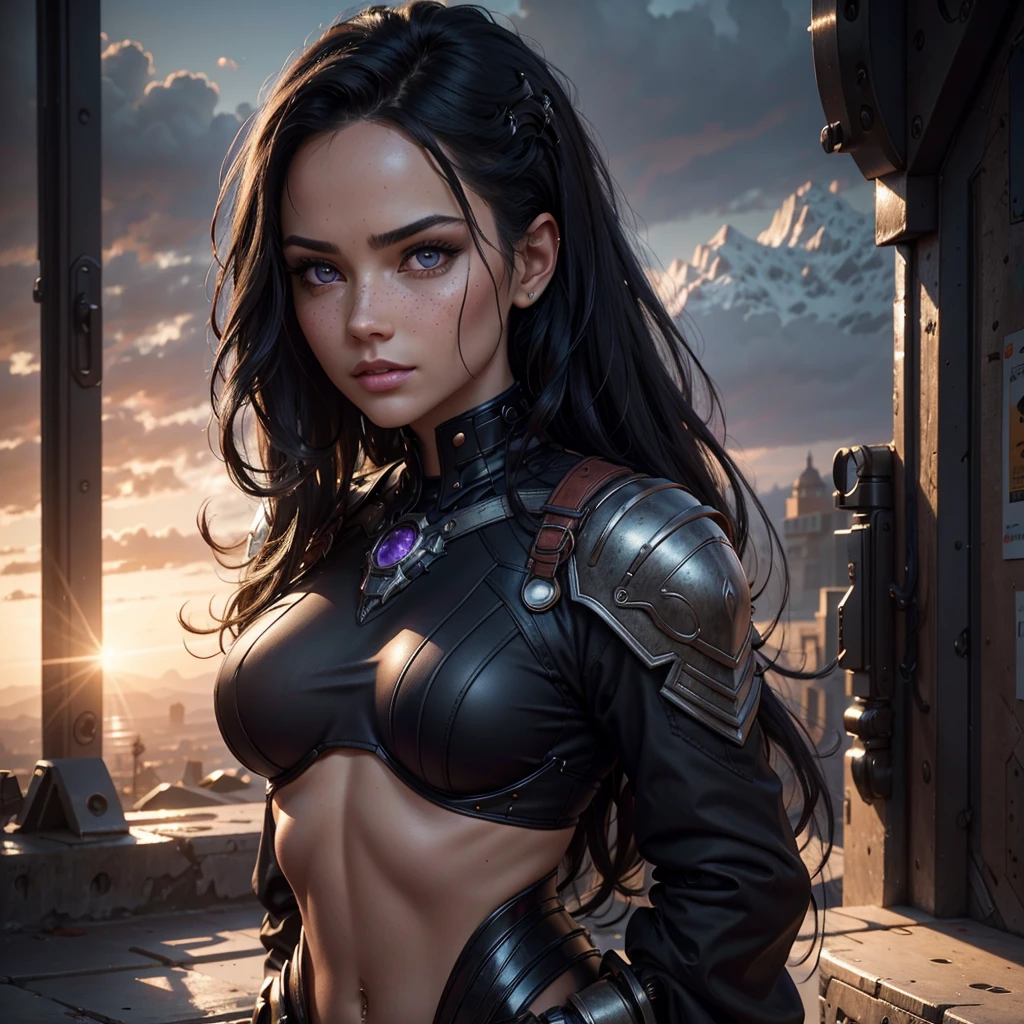 A 20-year-old English girl abigail mac with large breasts and slim waist, athletic body, black wavy hair, in battle, metal bikini armer, choker necklace, piercing blue eyes, detailed facial features, beautiful lips and eyelashes, standing model pose, gray background