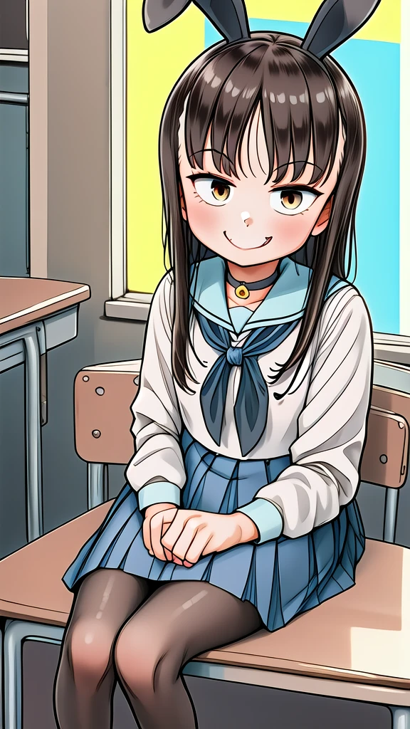 1girl, classroom, cowboy shot, sitting, smile, 
yuzuki_kaede, brown eyes, brown hair, long hair, , quality, masterpiece, highres, , red choker, (black playboy bunny), (black fake rabbit ears), (black pantyhose), (black high-heels), cafe、 (Evil smile), Smirk, Happy, (Vulgarity:1.2), steam, 