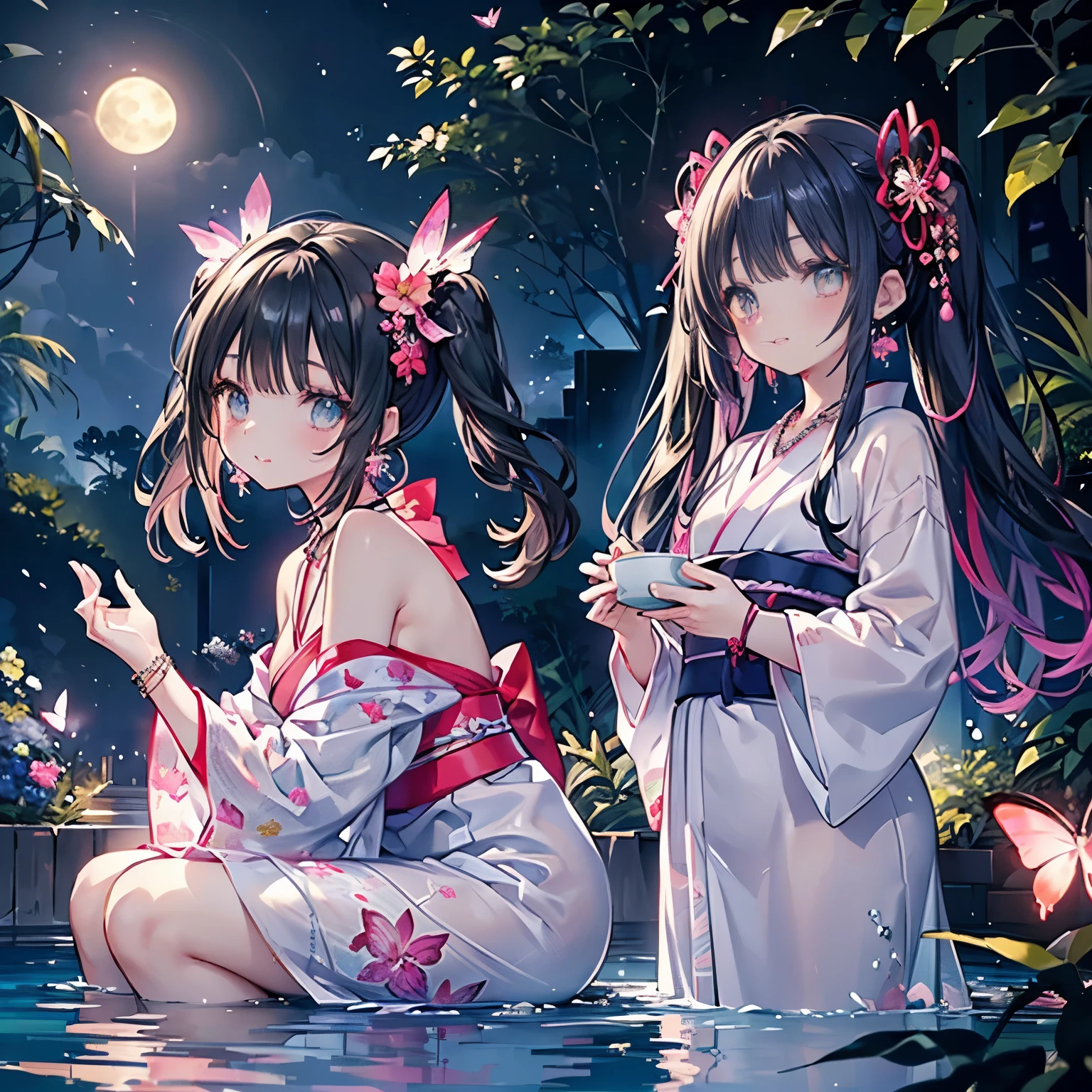 looking back at the viewer,
low angle,from below,(beautiful pink and green butterflies and dragonflies all over the place),colorful flowers,fantasy beams and lights,
((masterpiece:1.4, best quality)), ((masterpiece, best quality)),((beautiful twin tail black hair,beautiful cobalt blue eyes,little cute   girl)),((sexy colorful japanese yukata mini dress)),full body, bathing in the water,(beautiful outside open spa),(water splash,lovely laugh), (Lace chalker, wristband, diamond necklace,earrings),cinematic lighting and pause,beautiful natural mysterious park,night sky,full moon,(beautiful pink and red butterflies and dragonflies all over the place),
