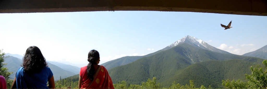 Three Indian women, one 18 years old, one 25 years old and another 35 years old. Although their faces are not clearly visible, it is clear that they have been released from long imprisonment. They look back at the mountain. There is a mountain in front and birds are flying around that mountain.