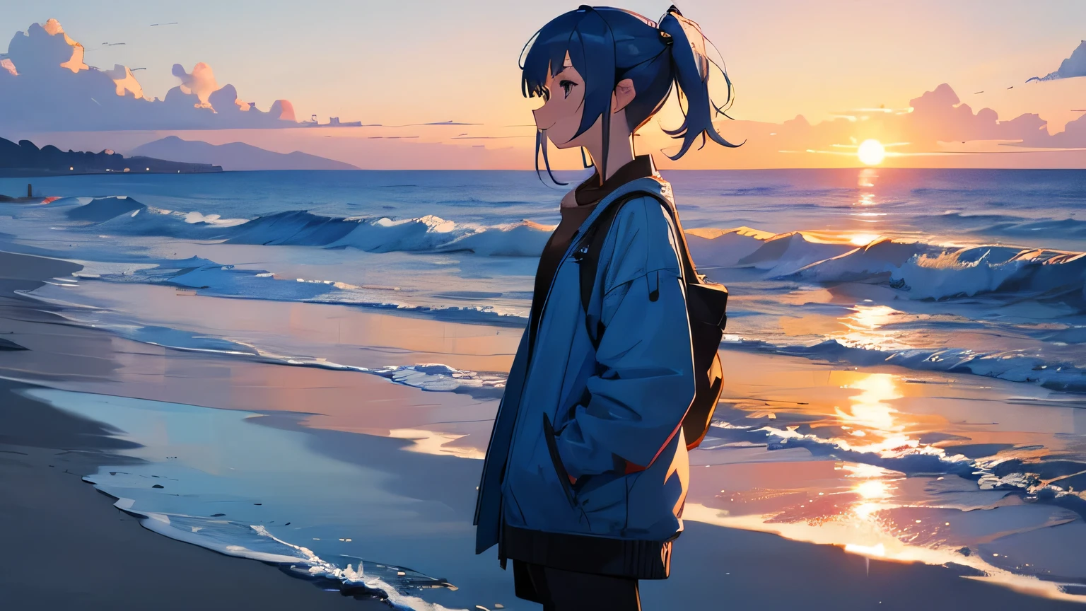 CHAT CREATE AN PICTURE OF A GIRL WITH BLUE HAIR LOOKING AT THE BEACH AT SUNSET