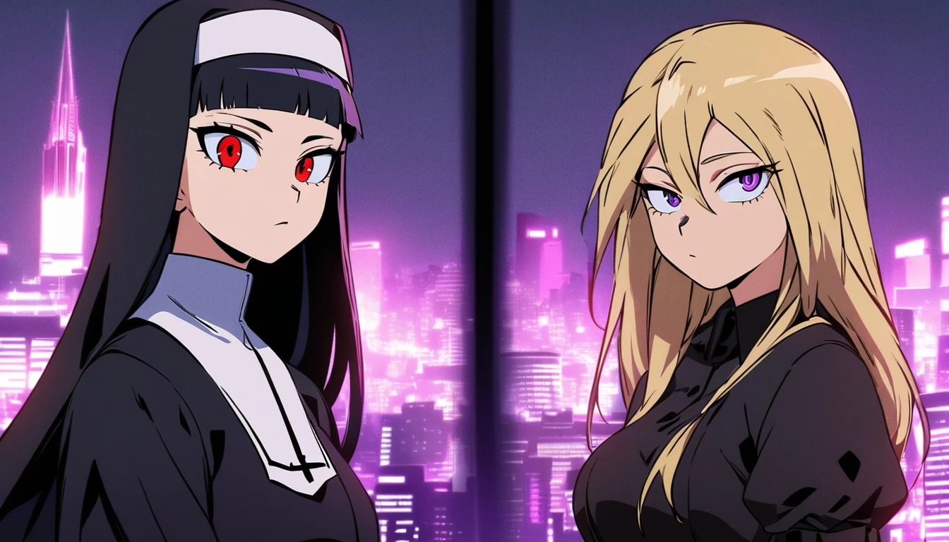 Two girls. The first is a nun with blonde long hair and scary red eyes. The second is next to her and is a maid with purple eyes and long, straight black hair. The background is a city with purple lights. Boku no Hero Academia Art Style.