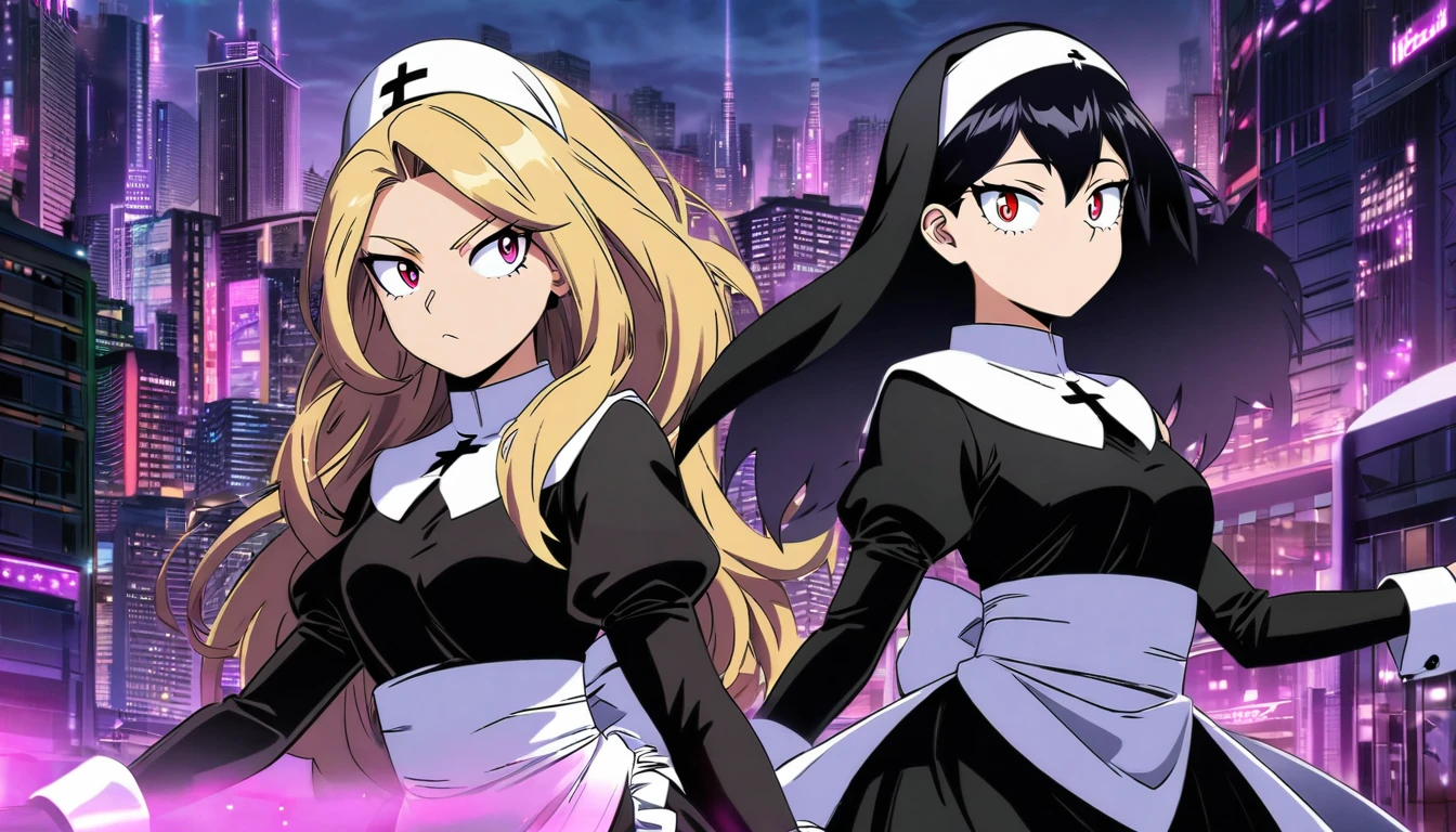 Two girls. The first is a nun with blonde long hair and scary red eyes. The second is next to her and is a maid with purple eyes and long, straight black hair. The background is a city with purple lights. Boku no Hero Academia Art Style.