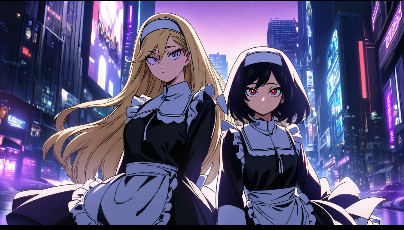 Two girls. The first is a nun with blonde long hair and scary red eyes. The second is next to her and is a maid with purple eyes and long, straight black hair. The background is a city with purple lights. Boku no Hero Academia Art Style.