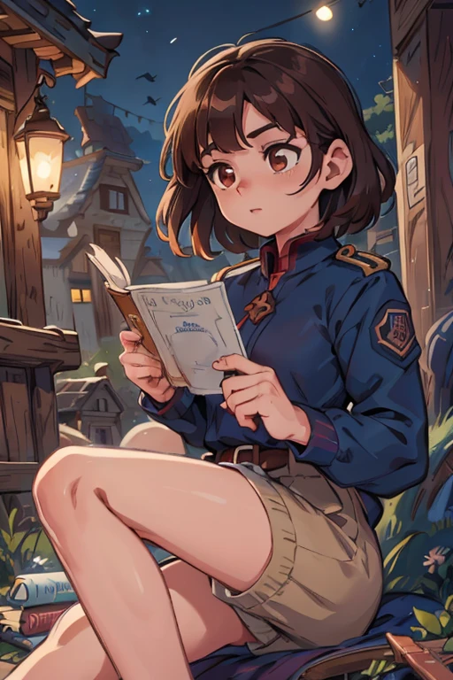 perfect face, perfect hands. A brown haired young witch with copper eyes in a navy uniform is reading a book at night on the roof