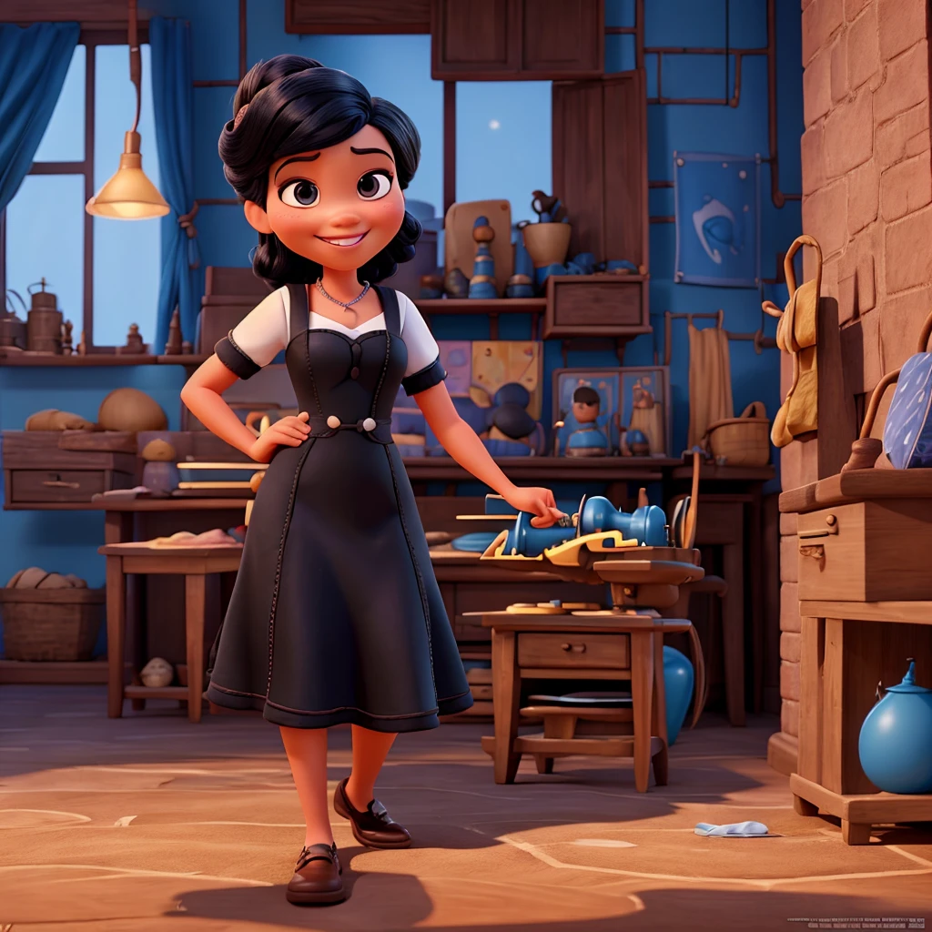 a 3d pixar disney style movie poster, black seamstress, smiling, with many sewing users spatlahdos