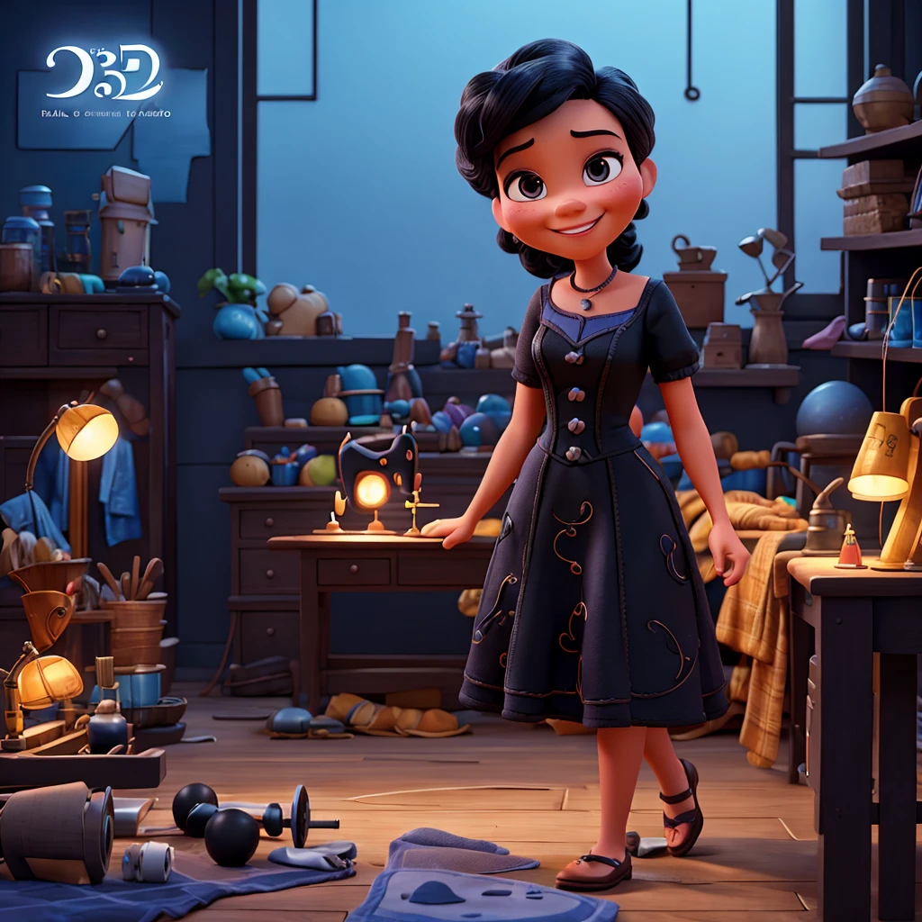 a 3d pixar disney style movie poster, black seamstress, smiling, with many sewing users spatlahdos

