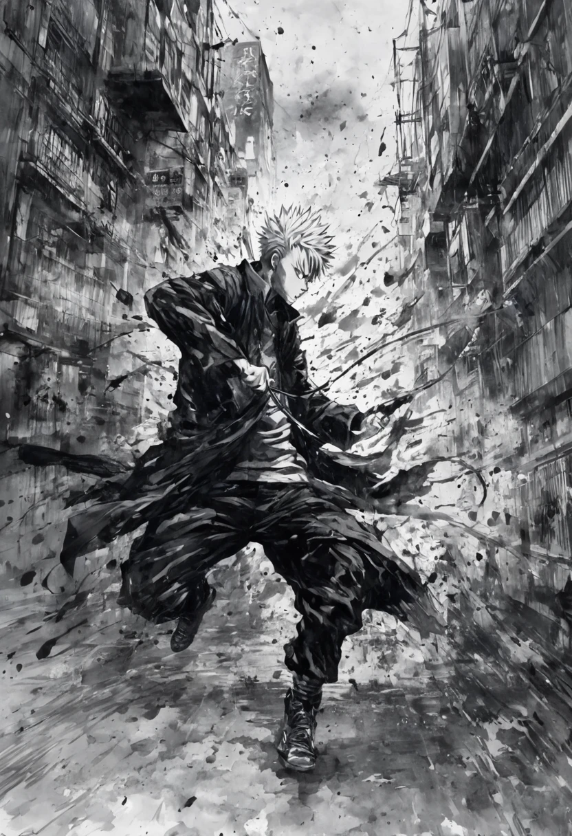 Ink Painting,Black and white painting,splash,Jujutsu Kaisen Itadori Yuuji,In combat,