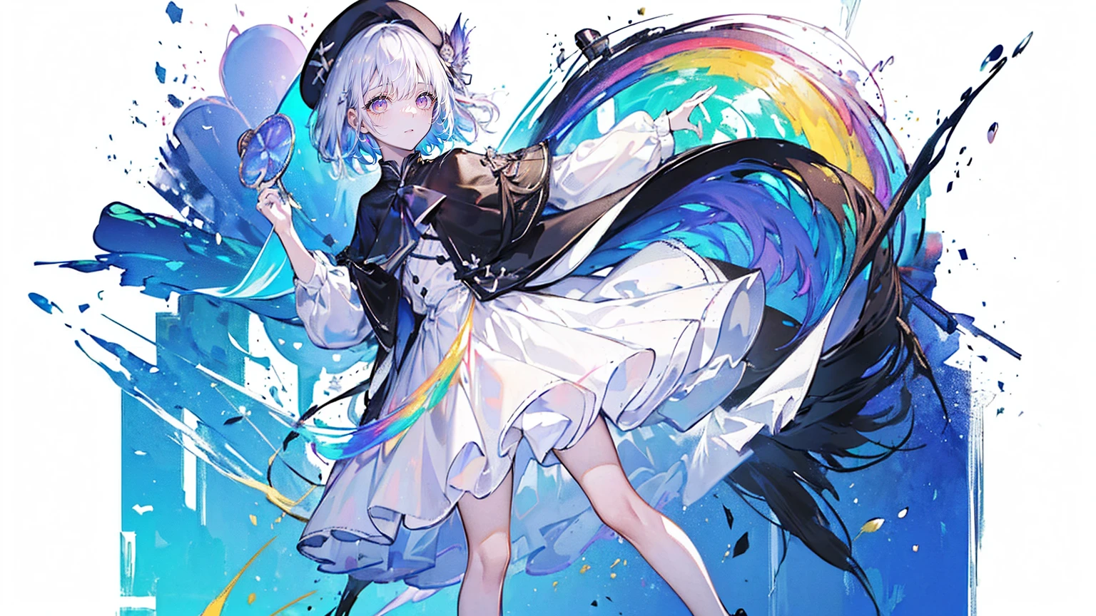 (Super detailed)),((illustration)),((masterpiece)),(((need))),((fine、Highest quality CG Unity 8K wallpapers,masterpiece),((4K,masterpiece,best quality)),rainbow发的大概16岁的少女,flat chest,short hair,Gold and silver eyes,Golden Apprentice Uniform,Black short cape,Berets,Black shoes,Paint flowing under your feet,White Silk,Take the color palette,White short skirt covered with paint,Monocle,The walls are covered with portraits,身边有rainbow,phantom,Exhaustion,Overworked,Look in the mirror,The mirror reflects me in different clothes,Standing in a white room,Paint condensed in the air,rainbow,individual,Full body picture