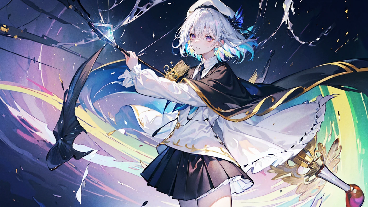 (Super detailed)),((illustration))，((masterpiece)),(((need))),((fine、Highest quality CG Unity 8K wallpapers，masterpiece），（（4K，masterpiece，best quality）），rainbow发的大概16岁的少女，flat chest，short hair，Gold and silver eyes，Golden Apprentice Uniform，Black short cape，Berets，Black shoes，Paint flowing under your feet，White Silk，Take the color palette，White short skirt covered with paint，Monocle，The walls are covered with portraits，身边有rainbow，phantom，Exhaustion，Overworked，Look in the mirror，The mirror reflects me in different clothes，Standing in a white room，Paint condensed in the air，rainbow，individual，Full body picture