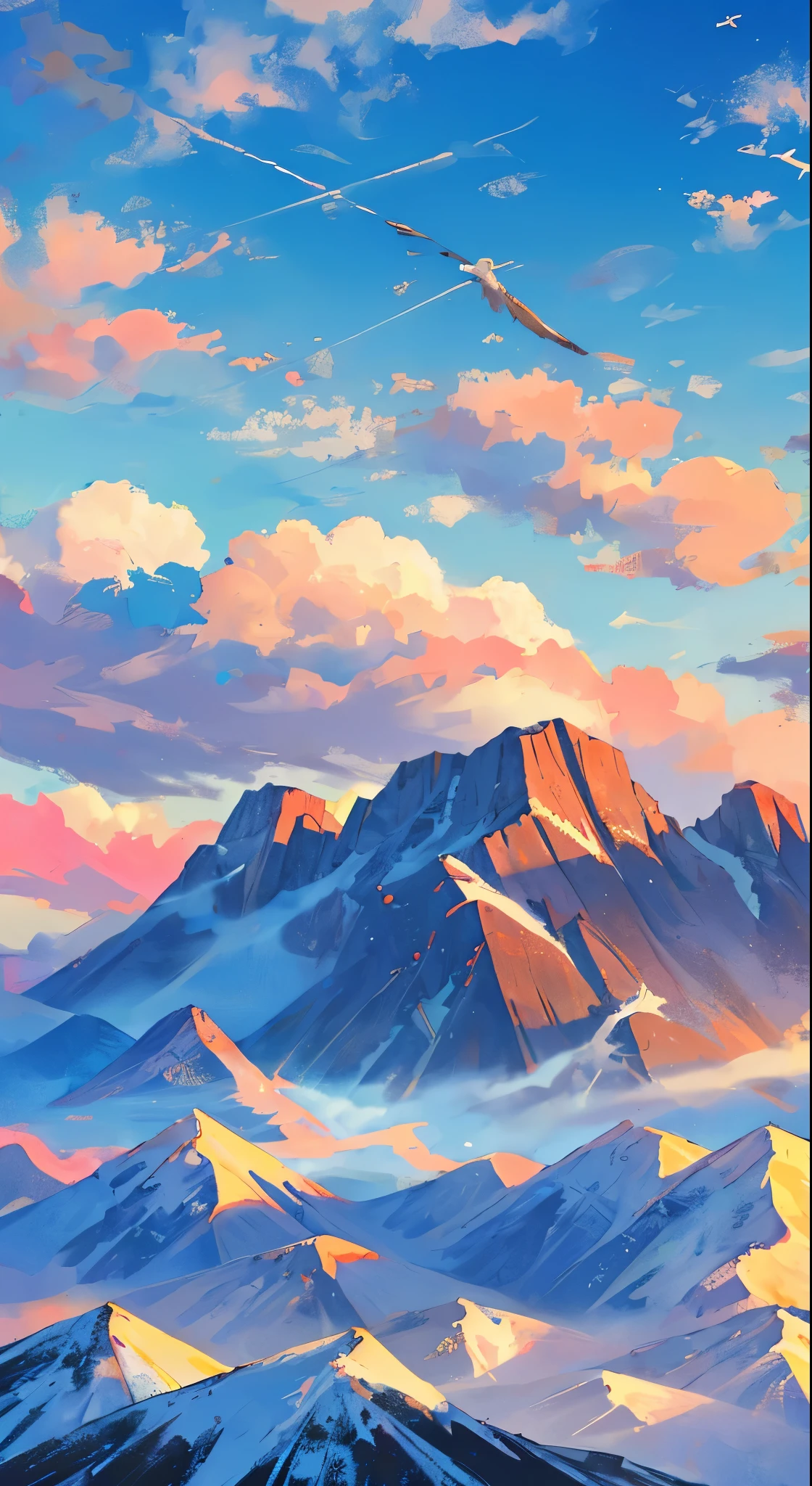 ((Rolling mountains)),Sunlight，Eagles fly，Clouds