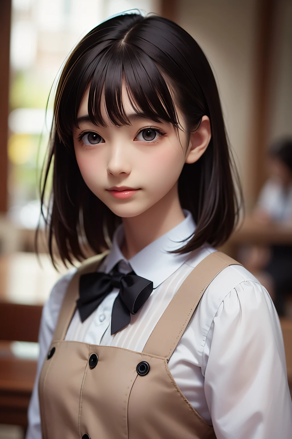 detailed face, cute face, ((masterpiece, Highest quality)), (One girl), (alone), (Focus on women), night (Chainsaw Man),(Highly detailed face, The real picture, Realistic white skin, Realistic body, Intricate details), Upper Body, Severe , Brown eyes, Looking at the audience, bandage over the body, Black Hair, Long sleeve shirt, Pinafore dress, Black tie, bandage, bandage, Small breasts