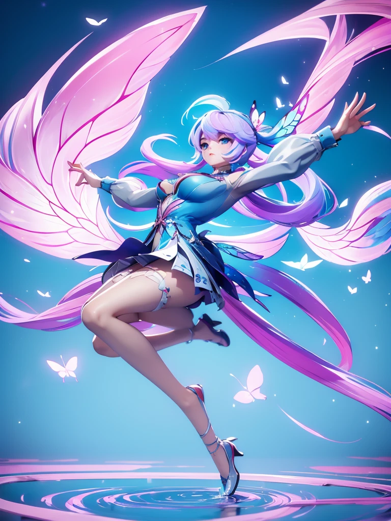 Seizo Watase style, Simple Line Initialism,Abstract art, 3d character, colorful hearts ,(((The most beautiful girl of all time))), (full body 1.2), only girl, very long hair, bufferfly and sky background, 25 year old, full body, (((8k))), (((3d)), blue and pink hair, Large butterfly wings on the back, moon, one hand raised above, hair divided into 2, dancing