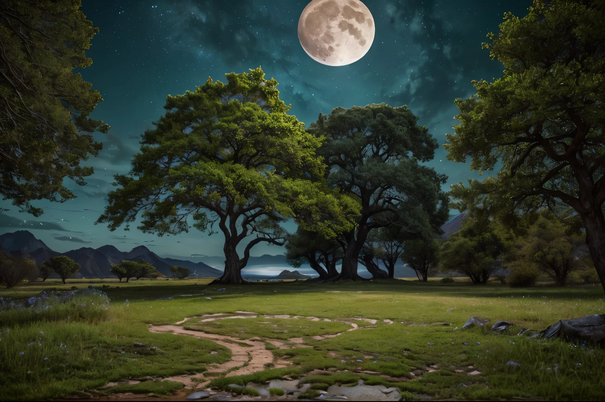 (Very beautiful epic breathtaking landscape), (very beautiful and very strange tree), (alluring, A fascinating sight), (Incredible, difficult to explain), amazing tree, (the full moon illuminates it), (ultra detailed photo, HDR, uhd, 16K), Professional photography, (ultra detailed environment), hyperdetailing, super detailed photo, (masterpiece of world photography),