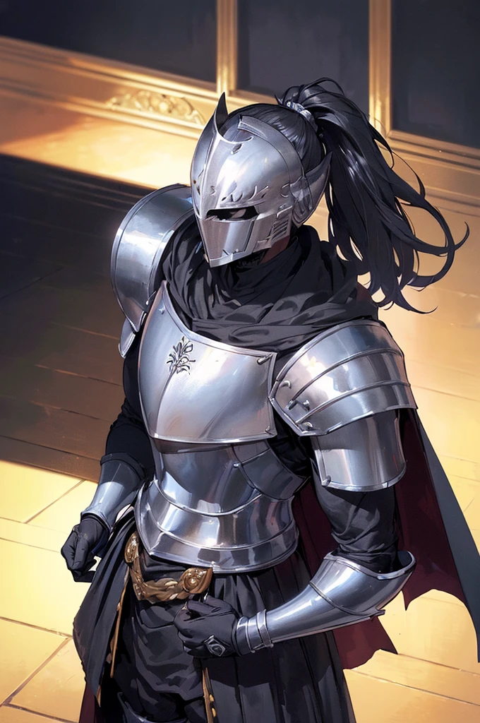 (masterpiece; best quality: 1.2), ((full armored knight man)), ((solo)), (black eyes: 1.4), (body; toned, lean, masculine: 1.3), (beautiful and clear background: 1.2), ((depth of field)), (equipment: full plate all-dark black realistic armor + closed helmet with ponytail + black cape: 1.3), (anime illustration: 1.2), (background composition; royal chambers + furniture: 1.1), (extremely fine and handsome: 1.1), (shot composition; standing + centered on torso + close-up: 1.5)