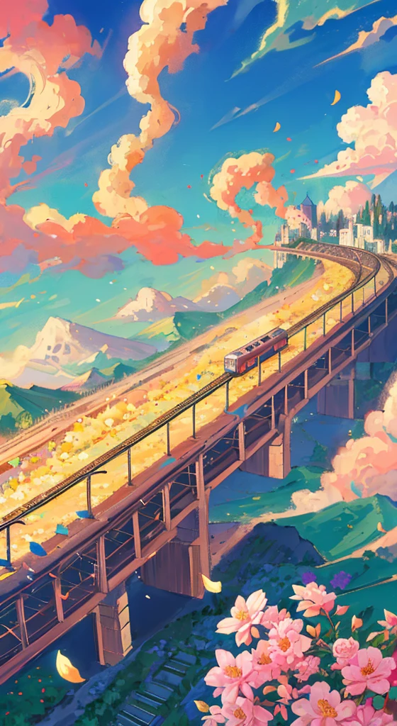 ((Rolling mountains)),Sunlight，railway，train，cloud，Flower petals flutter