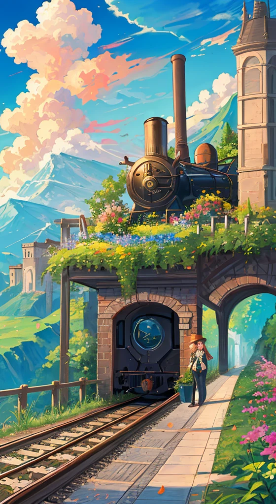 ((Rolling mountains)),Sunlight,railway,train,cloud,Flower petals flutter