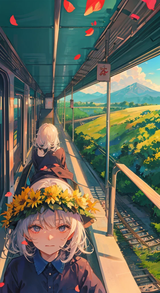 ((Rolling mountains)),Sunlight,railway,train,cloud,Flower petals flutter