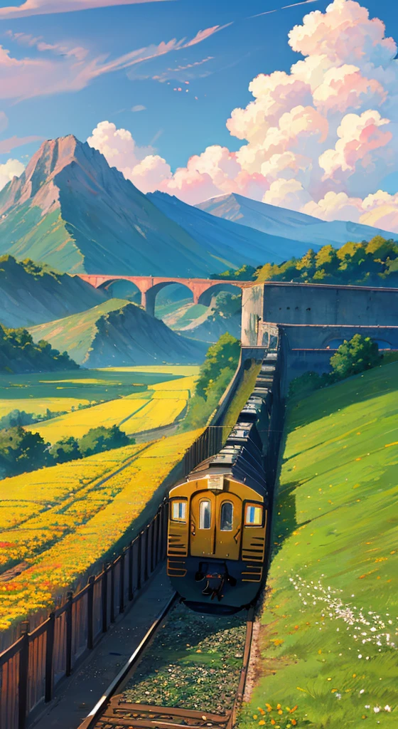 ((Rolling mountains)),Sunlight,railway,train,cloud,Flower petals flutter