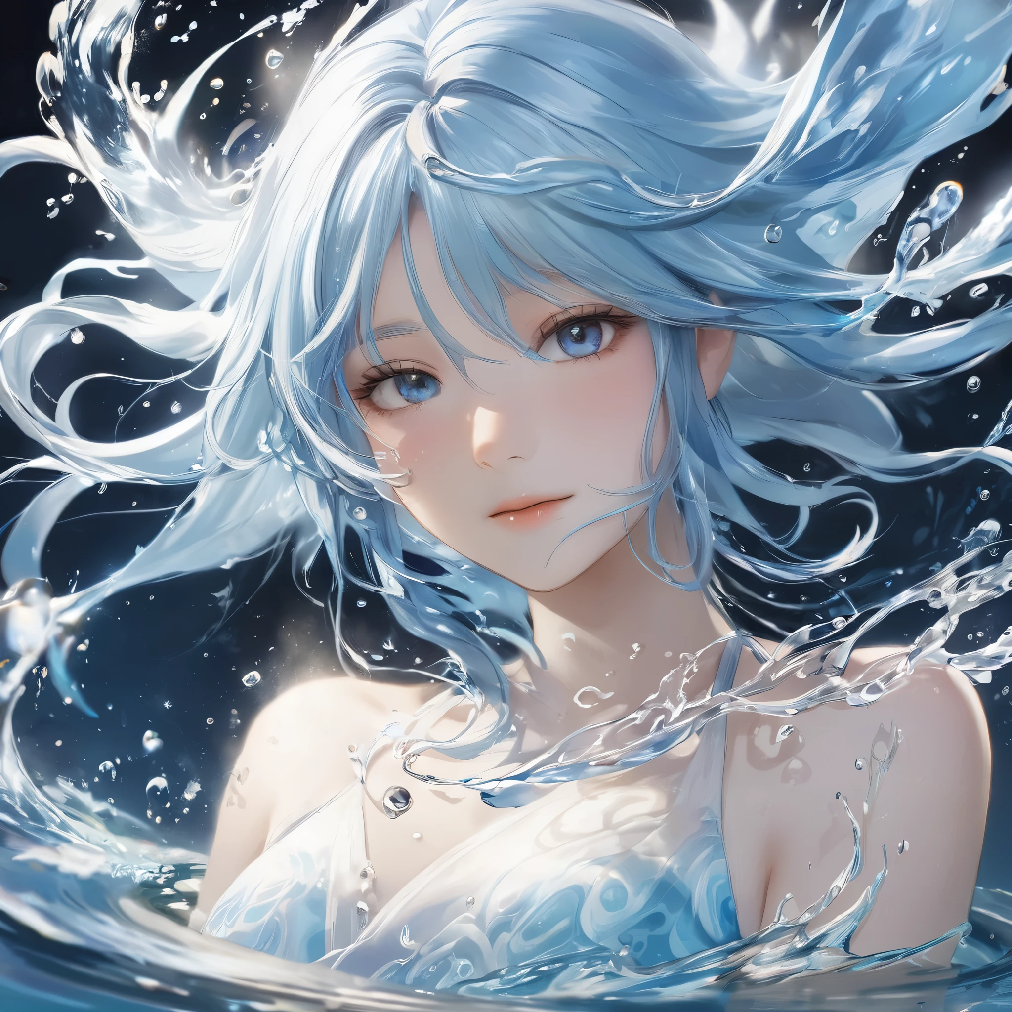 One girl, Female Water Spirit, Light blue hair, Internal spring water, Put a few drops of water on your skin,