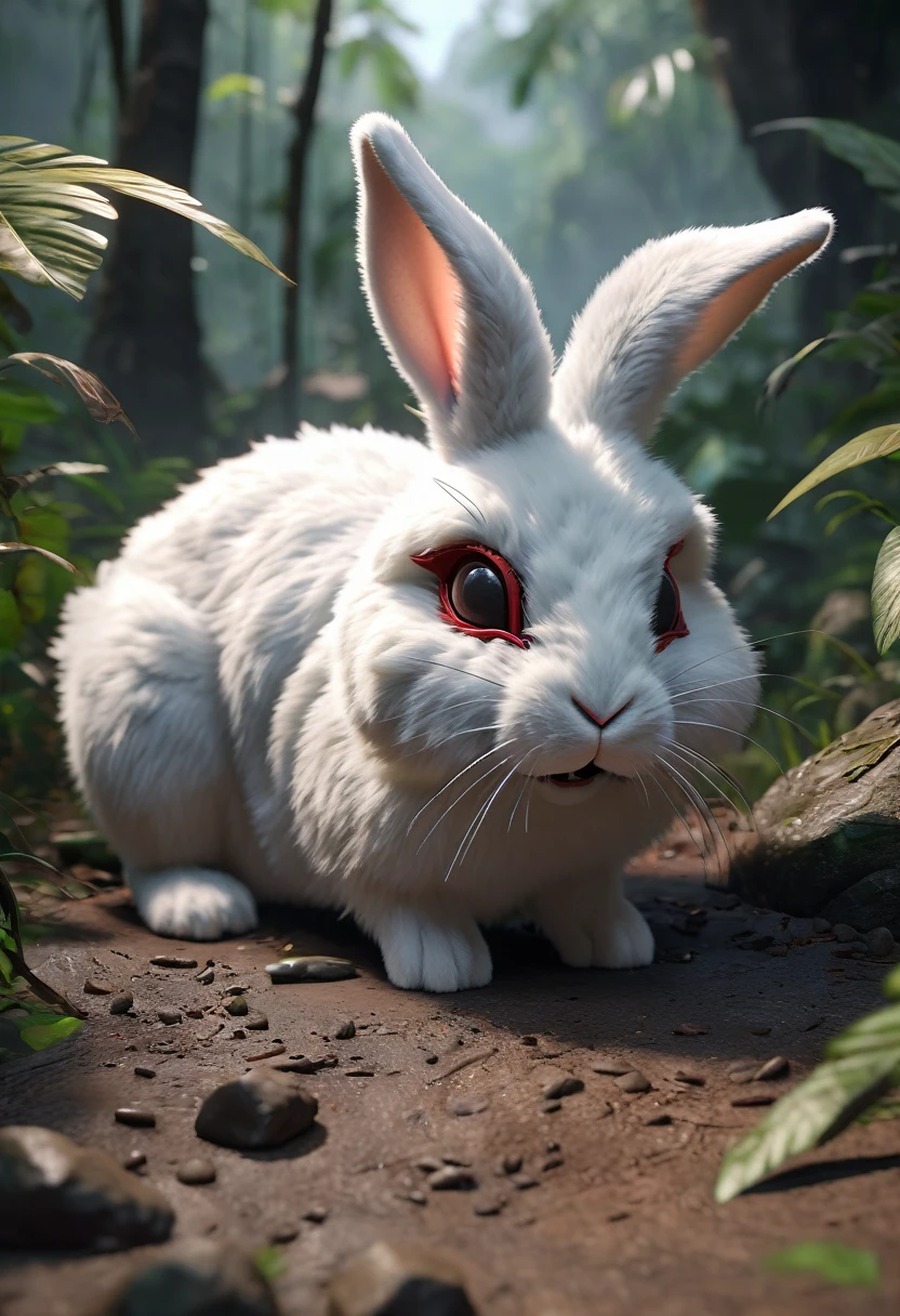 Cute Fluffy Bunny Eye Mask, scene from rambo, Grenade rat in the jungle, explode, Action scenes, War Chronicle, Award-winning masterpiece 8k artstation