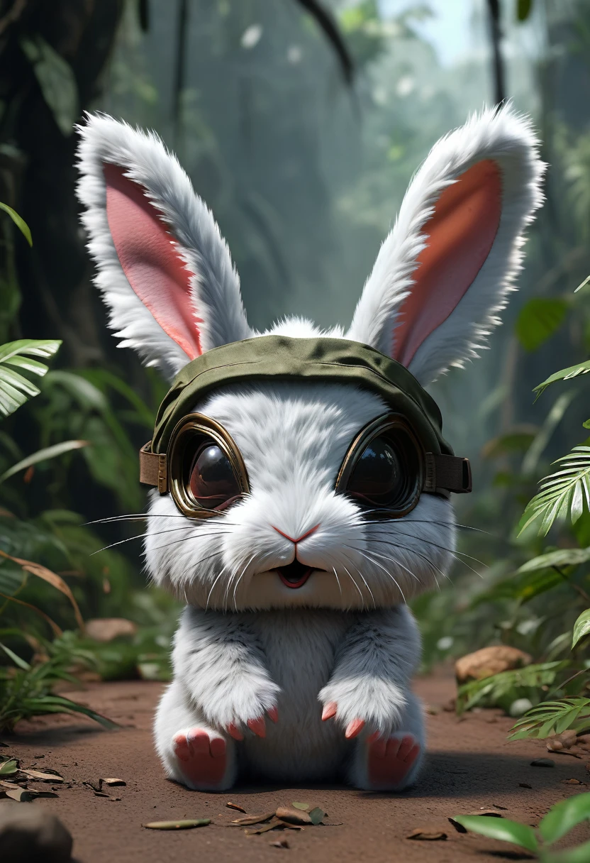 Cute Fluffy Bunny Eye Mask, scene from rambo, Grenade rat in the jungle, explode, Action scenes, War Chronicle, Award-winning masterpiece 8k artstation