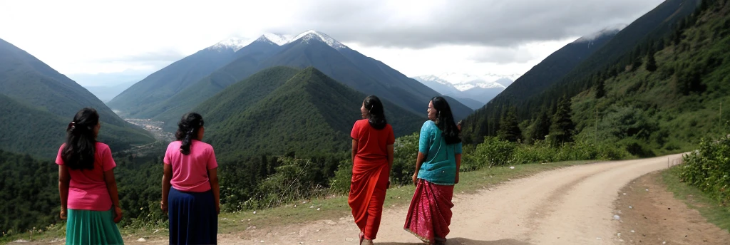 Three Indian women, one 18 years old, one 25 years old and another 35 years old. Although their faces are not clearly visible, it is clear that they have been released from long imprisonment. They look back at the mountain. There is a mountain in front and birds are flying around that mountain.