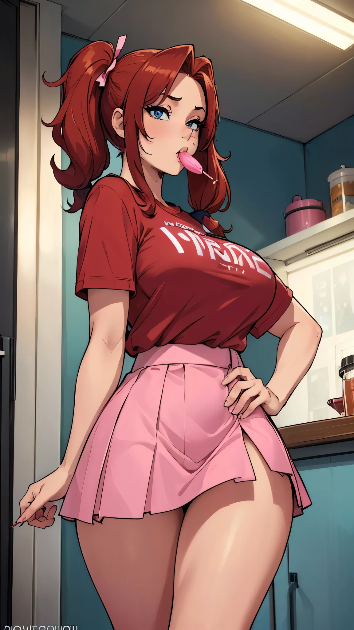 (best quality,4k,highres,masterpiece:1.2),ultra-detailed,(realistic,photorealistic:1.37),woman brunette,red hair and pigtails,blue shirt,pink school miniskirt,sucking a lollipop,well-endowed,well-proportioned legs,incredibly attractive,busty,big ass