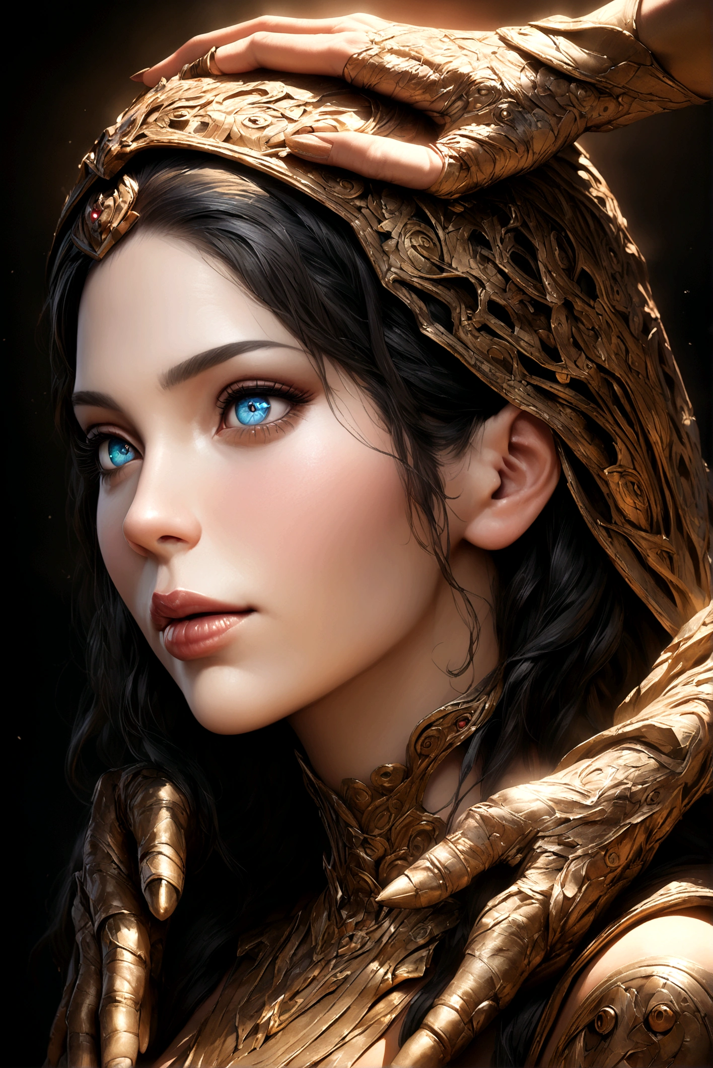 a highly detailed portrait of a woman, beautiful detailed eyes, beautiful detailed lips, extremely detailed face, long eyelashes, detailed arms, detailed breasts, detailed hands, black fur, masterpiece, best quality, 8k, ultra-detailed, realistic, photorealistic, vivid colors, studio lighting, physically-based rendering