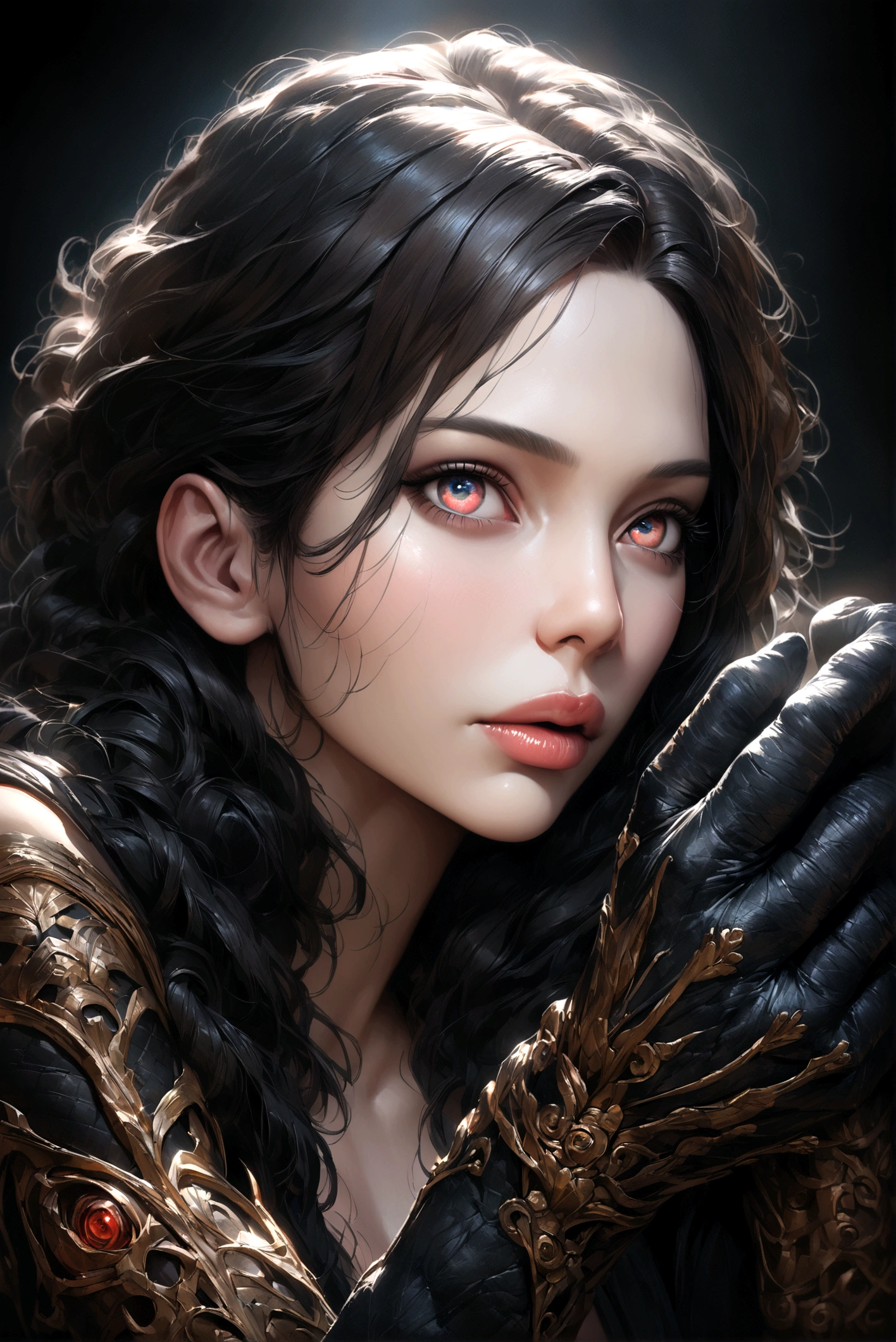a highly detailed portrait of a woman, beautiful detailed eyes, beautiful detailed lips, extremely detailed face, long eyelashes, detailed arms, detailed breasts, detailed hands, black fur, masterpiece, best quality, 8k, ultra-detailed, realistic, photorealistic, vivid colors, studio lighting, physically-based rendering