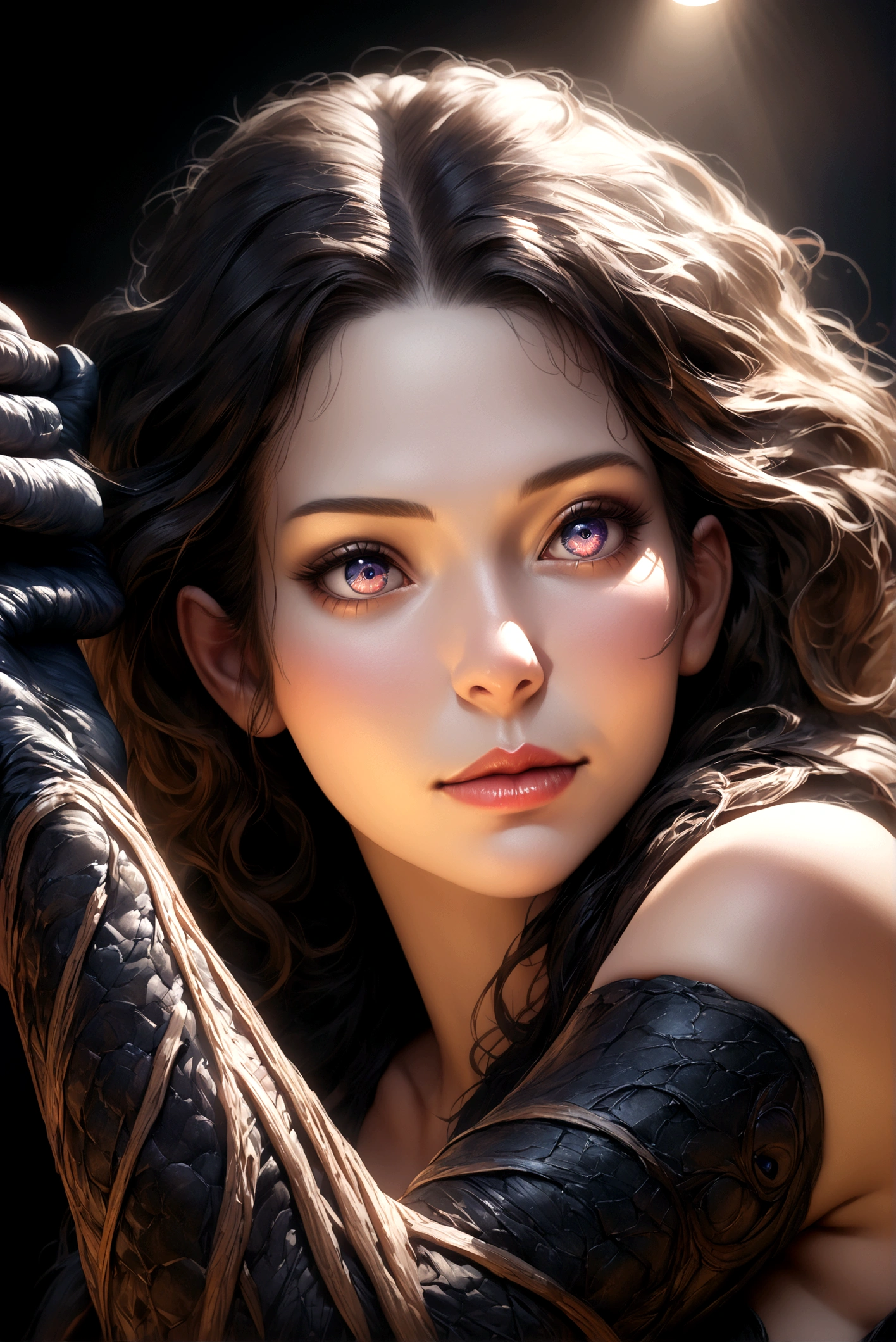 a highly detailed portrait of a woman, beautiful detailed eyes, beautiful detailed lips, extremely detailed face, long eyelashes, detailed arms, detailed breasts, detailed hands, black fur, masterpiece, best quality, 8k, ultra-detailed, realistic, photorealistic, vivid colors, studio lighting, physically-based rendering