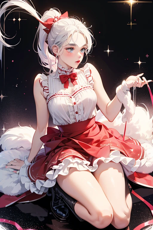 Sleigh Babe has see-through silver hair tied in a high ponytail. She has pink blush, sparkly ocean blue eyes, glossy pink lipstick, pale colored skin, and brown eyebrows. Sleigh Babe also comes with a pearly white chewing gum. She wears white fluffy bracelets, a sparkly red tank top with white frills, a sparkly black bow tied around her waist, a sparkly red skirt with white frills at the bottom, and sparkly black boots with red soles. SPARKLE; GLITTER