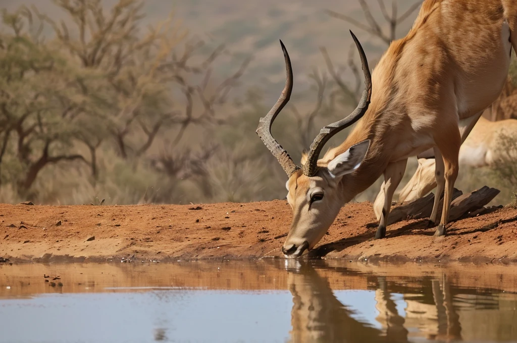 there is a deer drinking water from a pond with its horns, deers drinking water in the lake, gerenuk, bushveld background, horned, horns on its head, focused shot, peacefully drinking river water, samburu, goat, has horns: a sharp, a horned, wildlife photo, in an african river, wildlife, cool looking