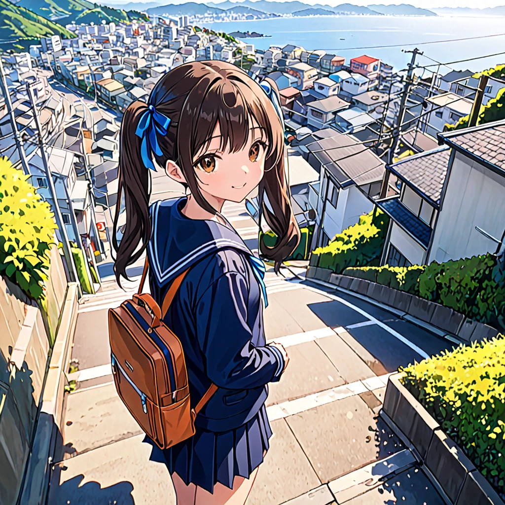 (best quality, ultra detailed, masterpiece:1.4), HD,
1girl, standing, gentle smile, yo,
(low twintails:1.4), low pigtails, black hair, long hair,
(navy blue sailor suit with blue ribbon:1.2), long sleeves, 
BREAK 
(dark brown eyes), (school bag on right shoulder), from front, from little above, alone, 
BREAK 
(sloped road, downhill, single street), Japan modern streets, prefectural road, residential area,
looking down the slope,
electric pole, electric cable, hill urban city,
cityscape, sea in the distance, nice view, afternoon, blue sky, orange sky, 
anime, high brightness,