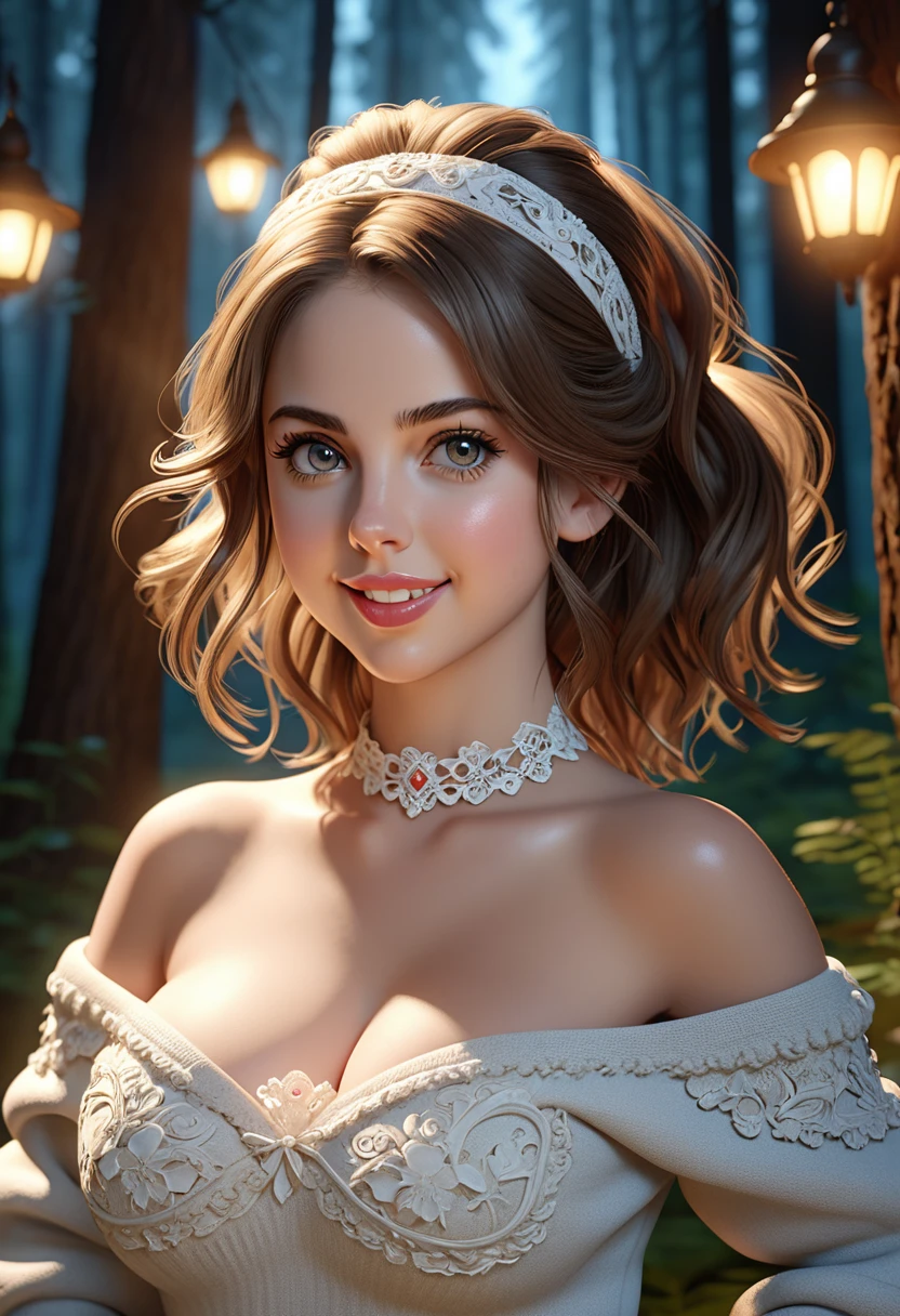 masterpiece, best quality, highly detailed, 1girl, solo,  twintails, off-shoulder sweater, choker, jacket, hairband, looking at viewer, smile, blush, Wide Smile, Eyes Detailed & Wide, sexy Pose. Ultra HD, Rococo-Inspired Fantasy Art With Intricate Details. Cute, Charming Expression, Alluring-Gaze, looking at viewer Beautiful Eyes, An-Ideal-Figure. Large Youthful Well-Shaped-Breasts, Massive-Round-Bosom, Décolletage. slim waist, fit body, full lipsWarm lights , woman in a dreamy forest at night, with fluffy hair, delicate face, realistic, real, slim, large aperture, sexy shots, attractive poses,Stunnin gly beautiful merge of Scarlett Johanson. Alison Brie, Selena Gomez. symmetrical face, photorealistic, photography, path tracing, specular lighting, volumetric face light, path traced hairmaximum quality{(masutepiece) (8K High Resolution) (top-quality) In the style of breath of the wild.