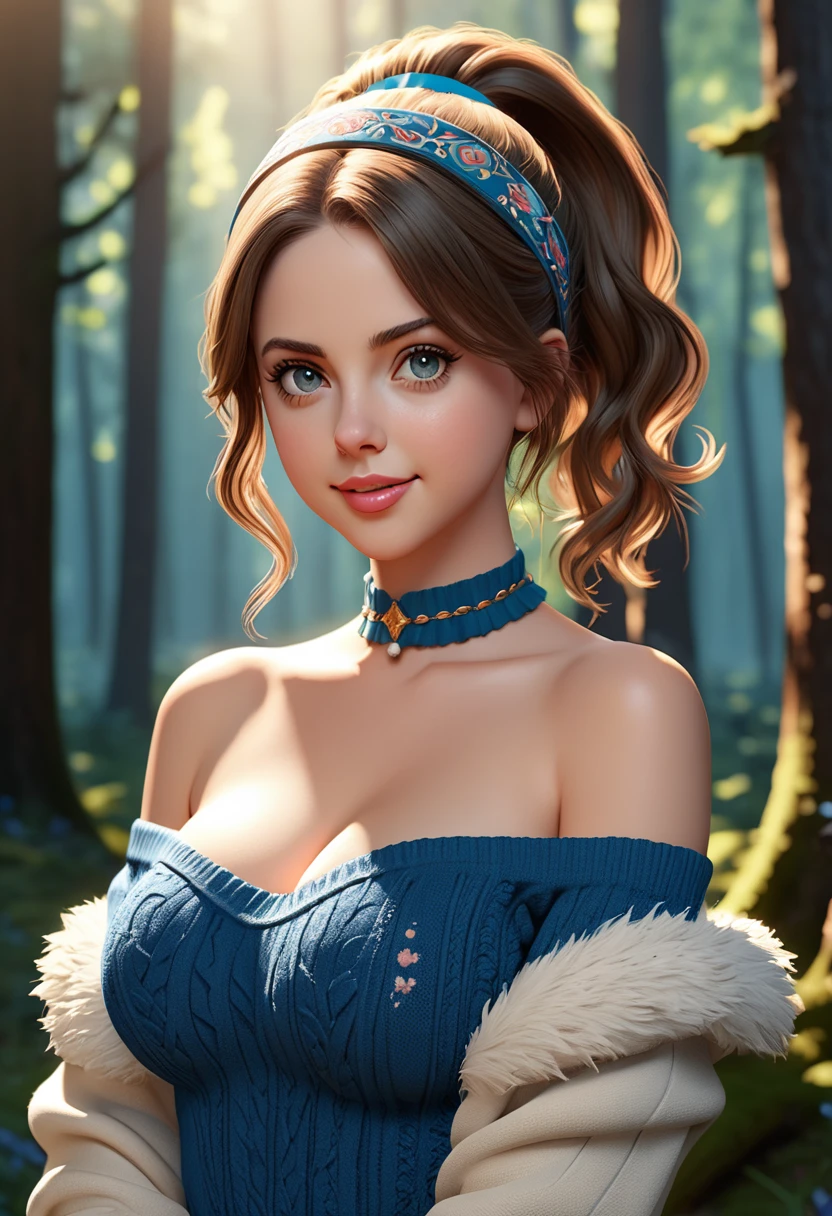 masterpiece, best quality, highly detailed, 1girl, solo,  twintails, off-shoulder sweater, choker, jacket, hairband, looking at viewer, smile, blush, Wide Smile, Eyes Detailed & Wide, sexy Pose. Ultra HD, Rococo-Inspired Fantasy Art With Intricate Details. Cute, Charming Expression, Alluring-Gaze, looking at viewer Beautiful Eyes, An-Ideal-Figure. Large Youthful Well-Shaped-Breasts, Massive-Round-Bosom, Décolletage. slim waist, fit body, full lipsWarm lights , woman in a dreamy forest at night, with fluffy hair, delicate face, realistic, real, slim, large aperture, sexy shots, attractive poses,Stunnin gly beautiful merge of Scarlett Johanson. Alison Brie, Selena Gomez. symmetrical face, photorealistic, photography, path tracing, specular lighting, volumetric face light, path traced hairmaximum quality{(masutepiece) (8K High Resolution) (top-quality) In the style of breath of the wild.